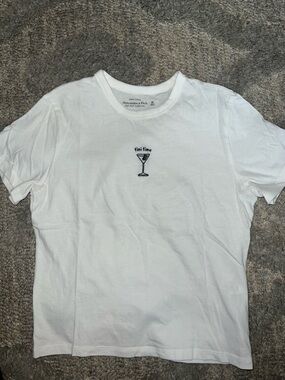 Abercrombie & Fitch White Crewneck BabyTee with Navy Martini Embroidery